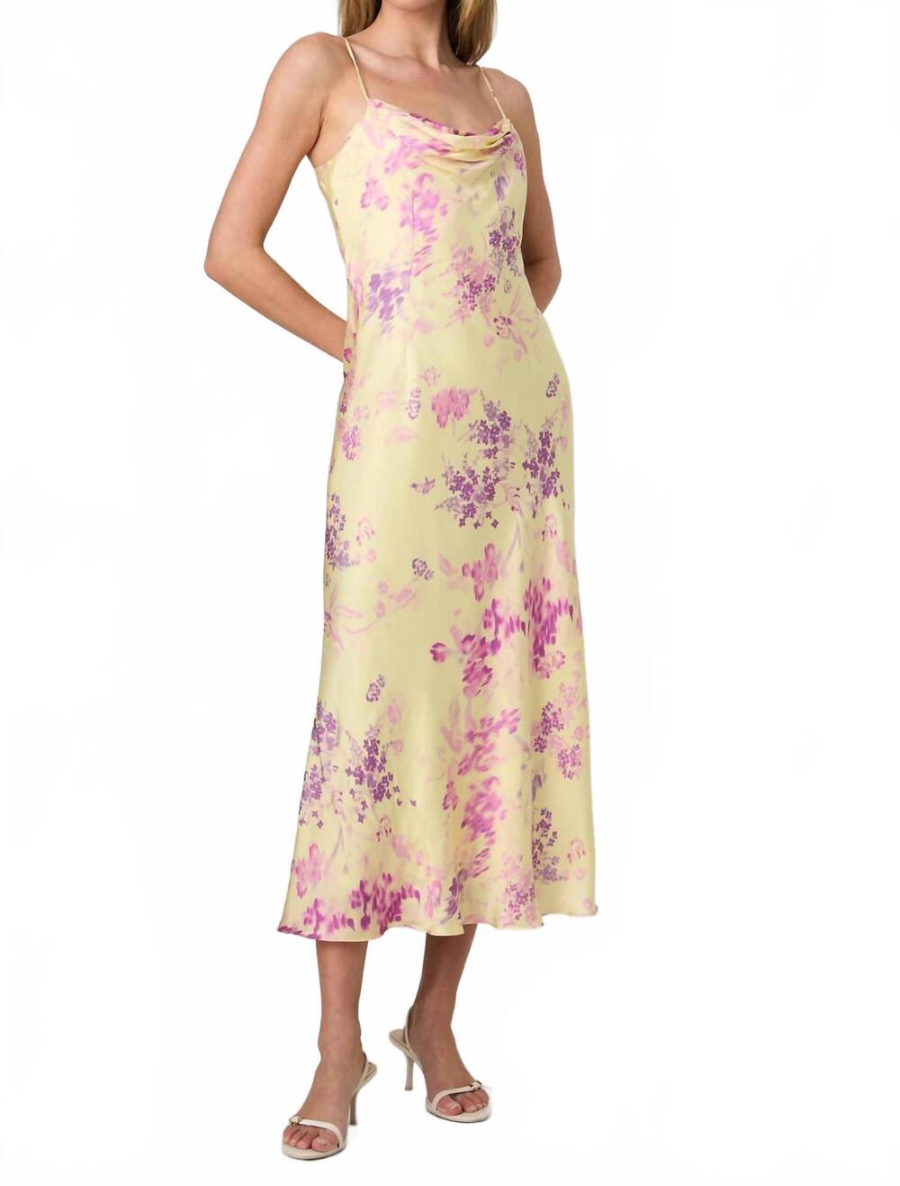 NEW FRENCH CONNECTION elyria oona satin midi dress in cornsilk yellow multi - Picture 3 of 4